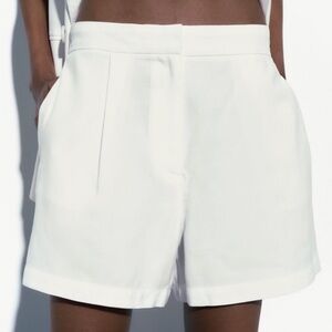 Zara White High-Waist Tailored Pleated White Dress Shorts